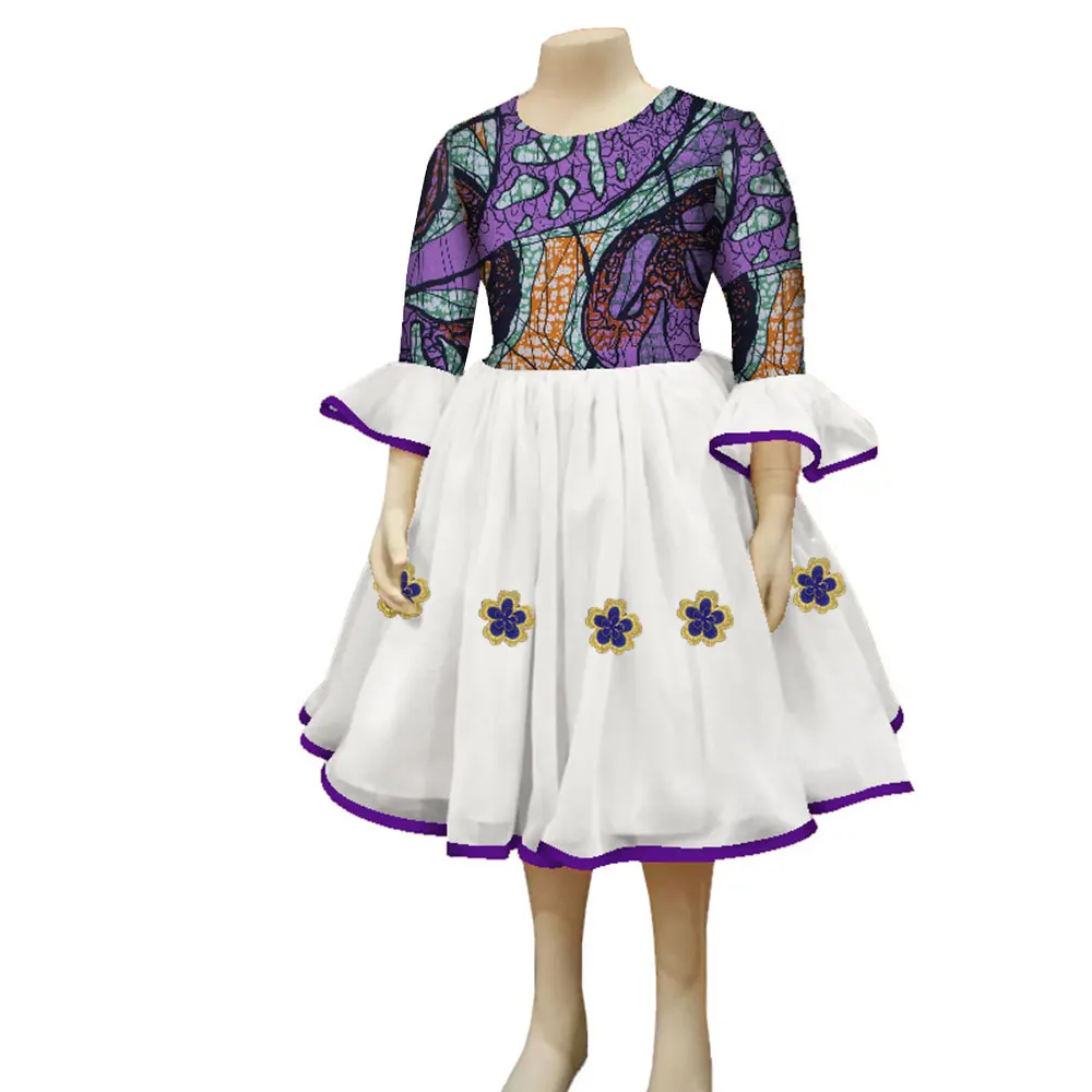 

African Kids Dashiki Dresses with Long Sleeved Knee-length Gauze Skirt African Print Dress Cute Girls Party Dress WYT255
