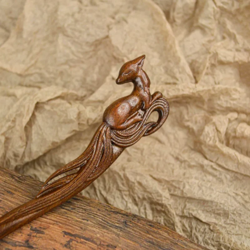 New Chinese Style Hand Carved Wood Hair Stick - Nine-Tailed Fox Antique Hairpin, Vintage Hair Accessories