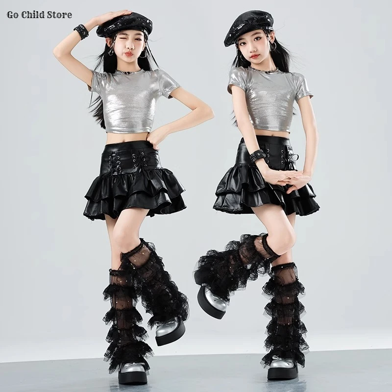 

Girls K-pop Shiny Silver Crop Top Leather Goth Skirts Clothes Sets Kids Hip Hop Costume Child Street Dance Girl Group Streetwear
