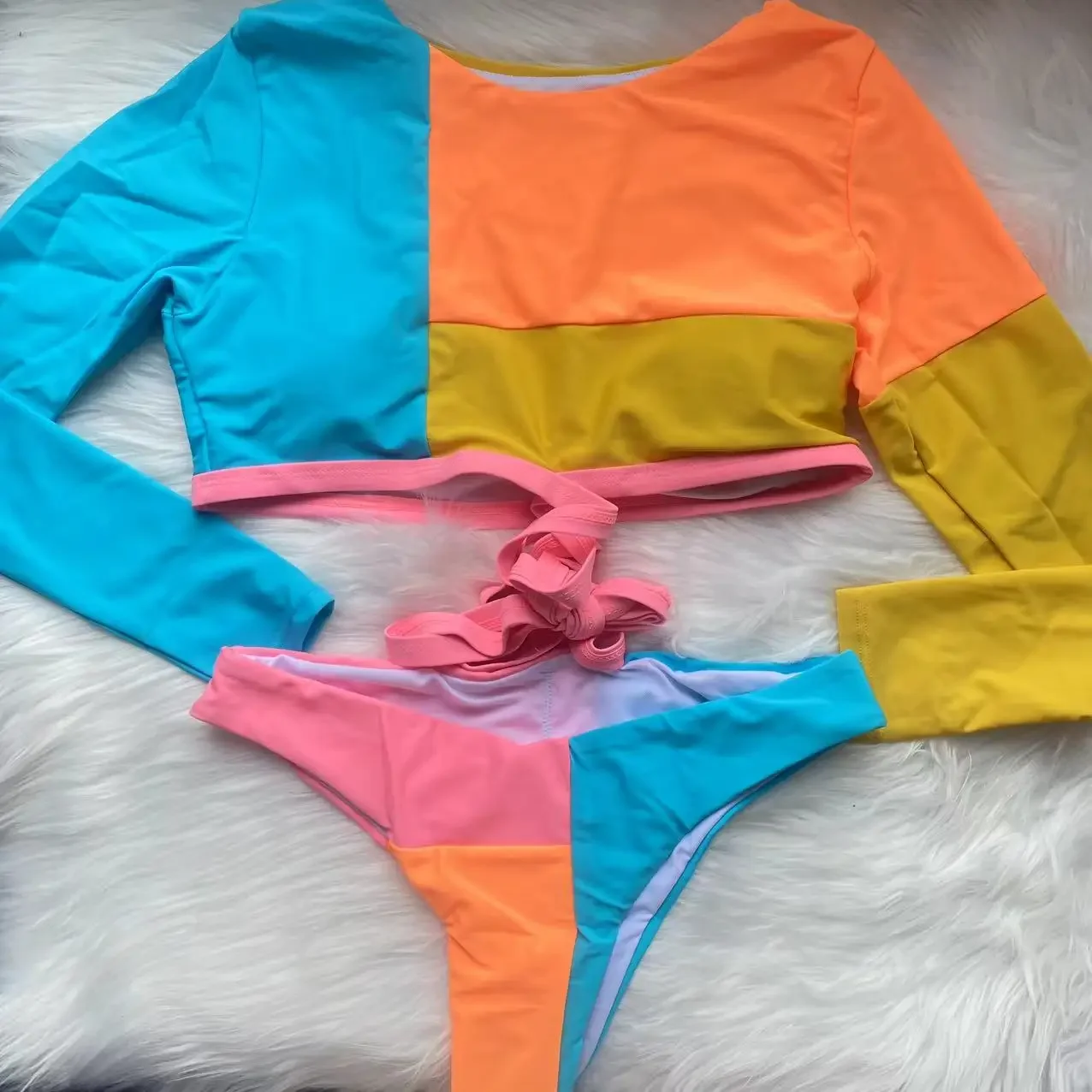 

2023 Colorblock Swimsuit Long Sleeve Female Patchwork Swimwear Sexy Monokini Swimming Suits Strap Cross Beachwear Bathing Suits