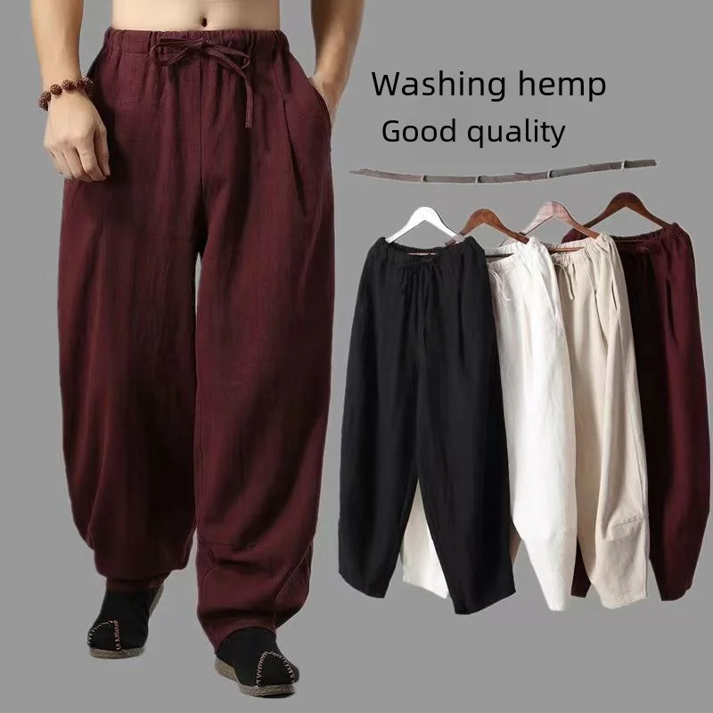 Spring Summer Men's Cotton Linen Casual Pants Chinese Style Loose Fit Bell Bottoms Large Crotch Pants Lantern Harem