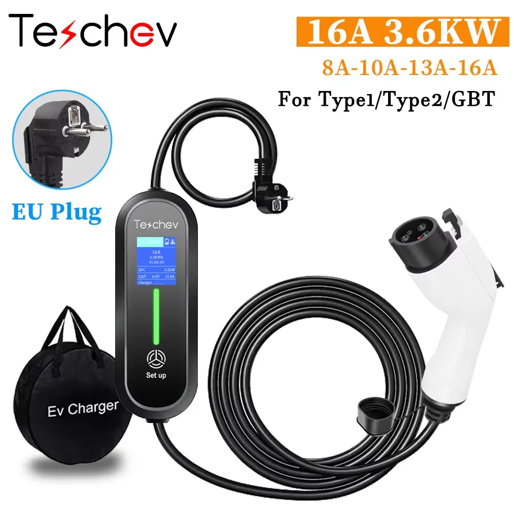 Teschev 220V 230V Type 2 Portable EV Charger 3.6KW 16A 1Phase Wallbox Type1 GB/T EVSE Charging Cable CEE Plug Charging Station