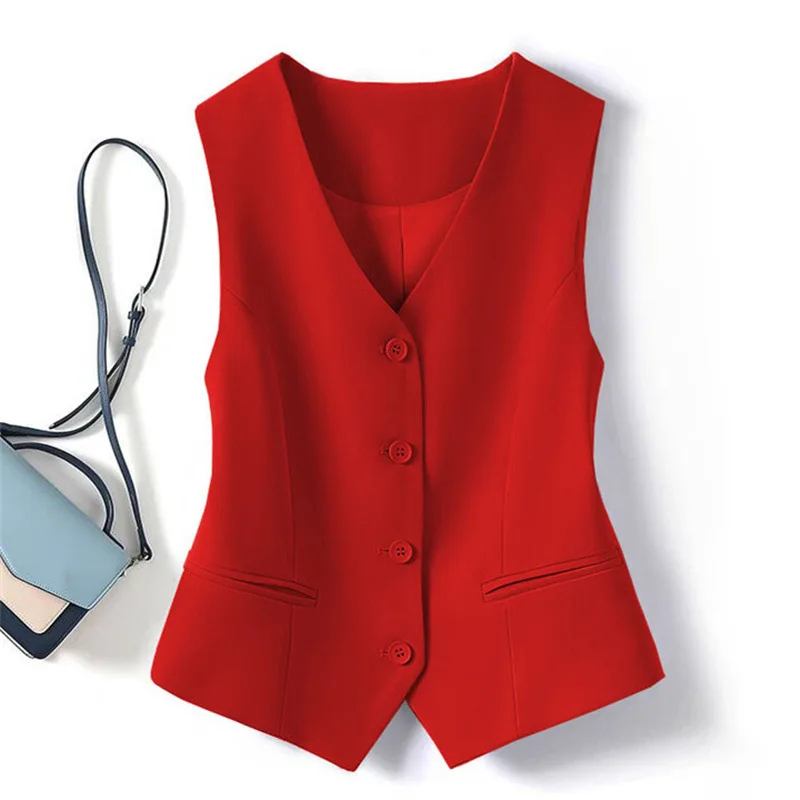 New Elegant Waistcoat V Neck Single Breasted Formal Business Waistcoat Vest Woman's Fashion Vest Red Vintage Waistcoat
