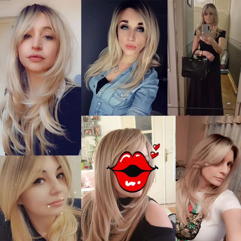 Peruka syntetyczna damska długa blond ośmiu figurek grzywka peruki warstwowe odpowiednie na codzienne imprezy peruki na imprezę Cosplay codzienne