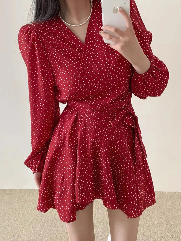 Retro Temperament V-neck Contrast Vestidos 2024 Autumn Korean Chic Polka-dot One-piece Lace-up Waist Slim Long-sleeved Dress