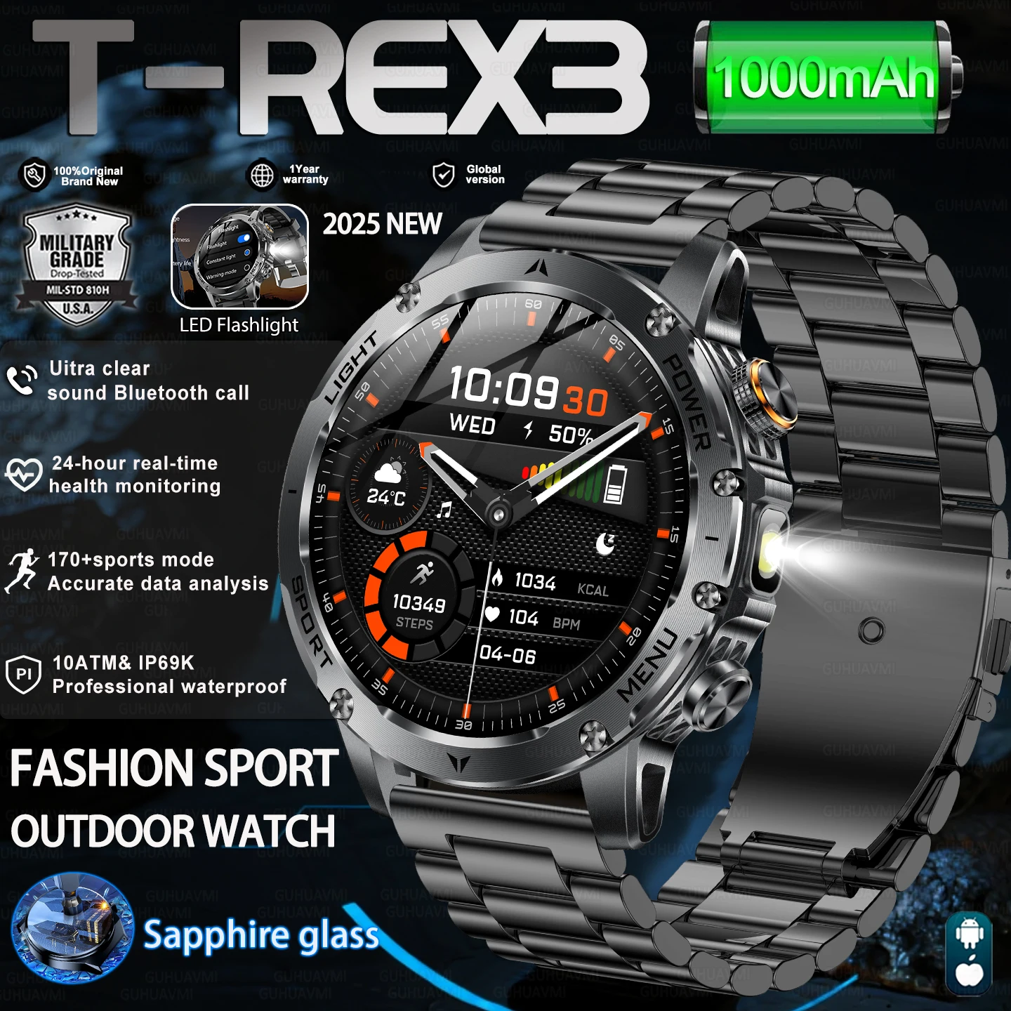 

Новый T-Rex3 HD 1,7-дюймовый большой экран, аккумулятор супер емкости 1000 мАч, умные часы для взрослых и мужчин, водонепроницаемый спортивный браслет 10 атм