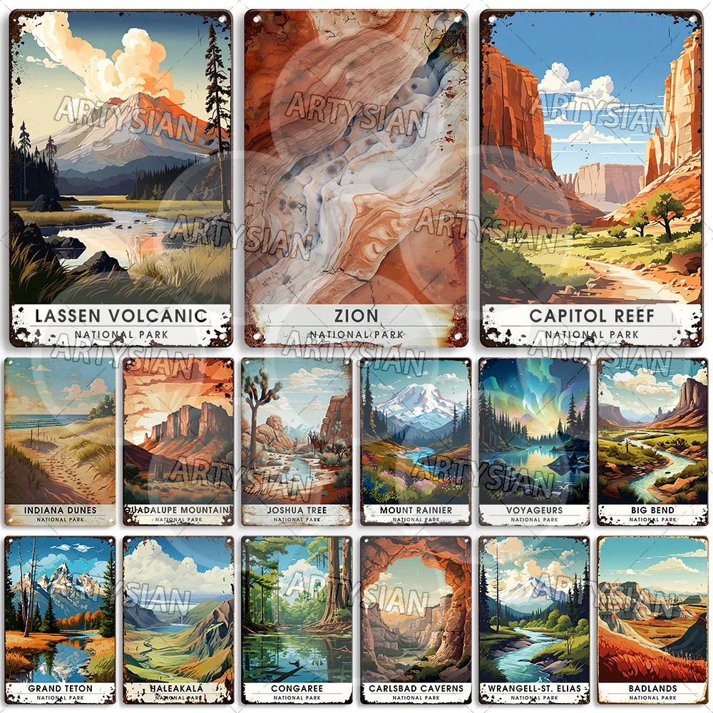Металлический знак для путешествий в национальном парке, Big Bend Capitol Reef Carlsbad Caverns Congaree Dry Tortugas Haleakalā Kobuk Valley Zion Металлический знак для путешествий в национальном парке, Big Bend Capitol Reef Carlsbad Caverns Congaree Dry Tortugas Haleakalā Kobuk Valley Zion
