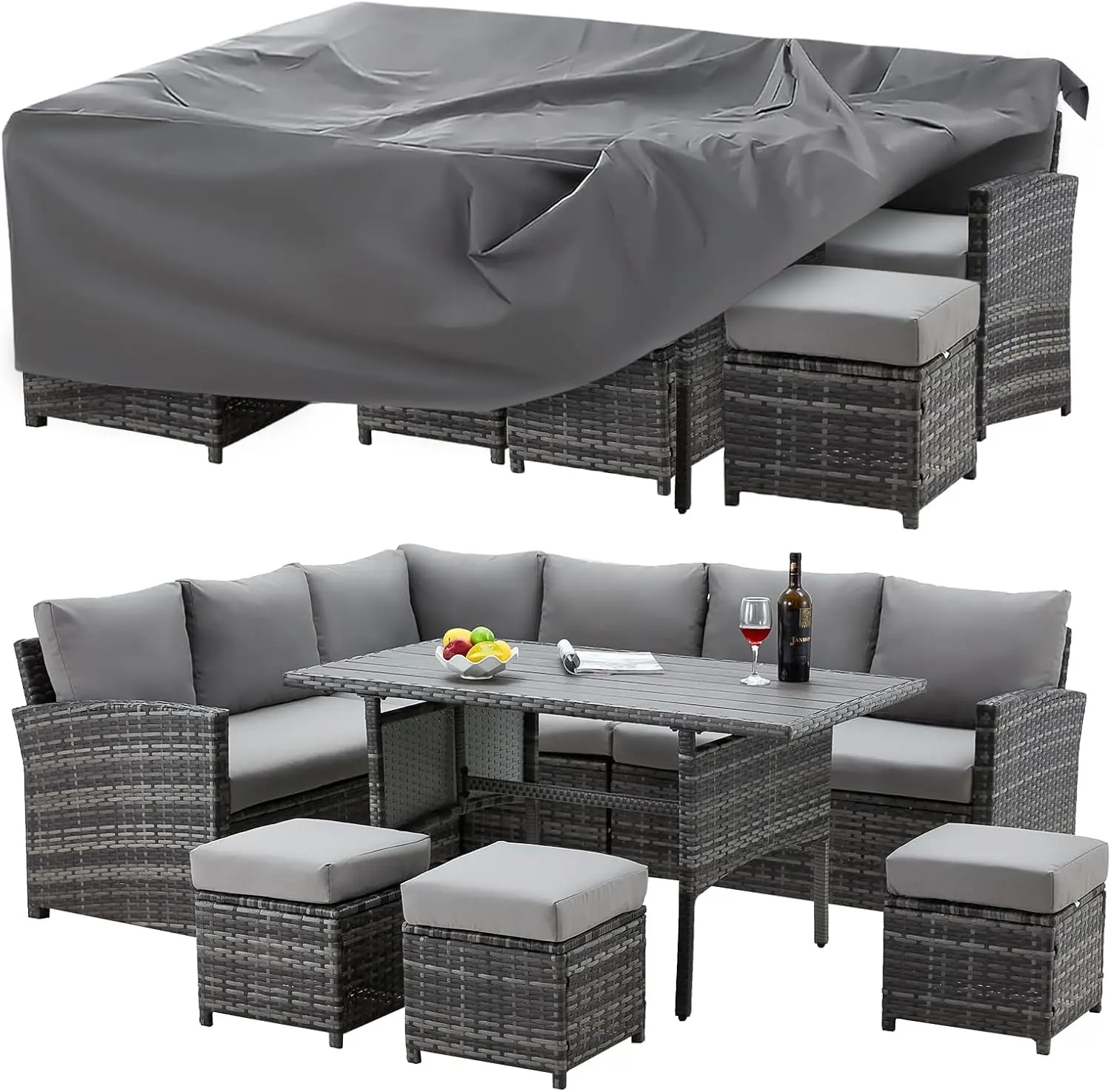 Patio Furniture Set with Cover, 7 PCS Outdoor Sectional Conversation Set, All Weather Wicker Rattan Sofa Couch with High Dining