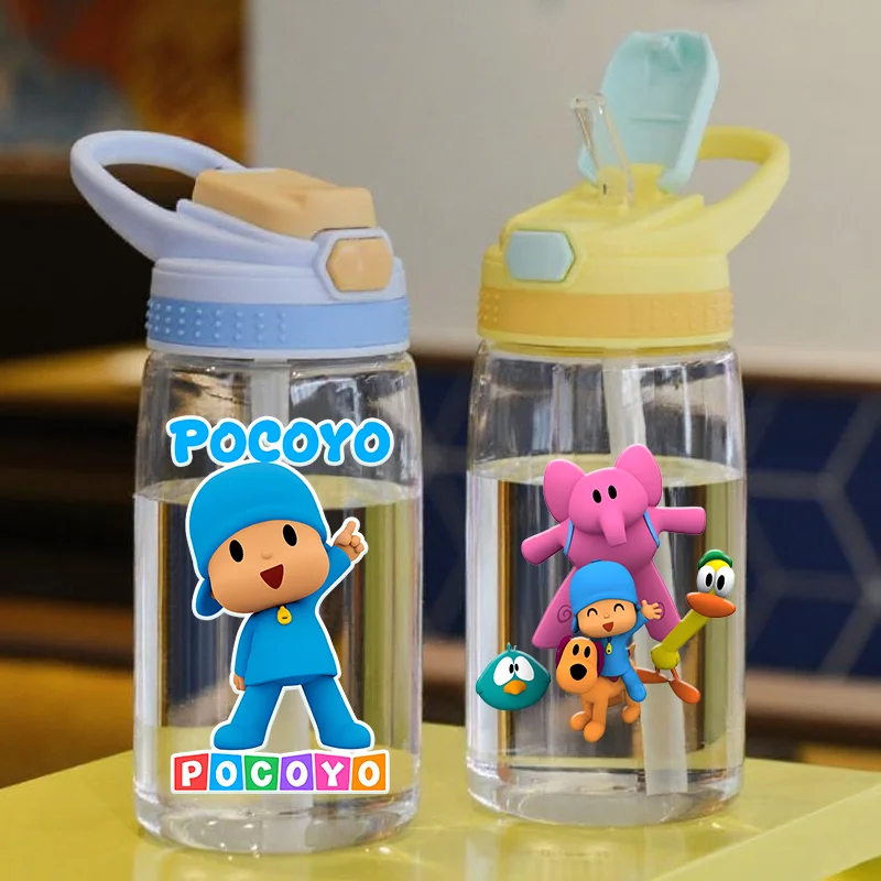 Botella de agua infantil Pocoyos de 480 ml, tazas antiderrame con pajita de Elly Pato Anime, botellas de agua a prueba de fugas, taza para exteriores, regalo de cumpleaños
