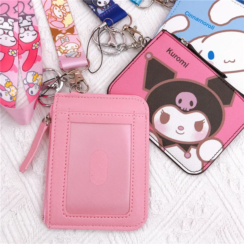 Kawaii Sanrio Kuromi Hello Kitty Cinnamorroll Melody Pachacco Pom Purin Lederen Kaarthouder Mooie Coin Wallet Sleutelhanger Hanger