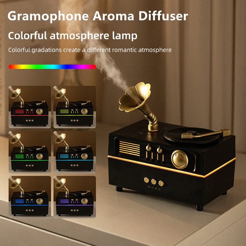 

Увлажнитель-спрей для ароматерапии, 160 мл, с дистанционным управлением и 7-цветным окружающим освещением, рог, вращение, винтажный диффузор для граммофона