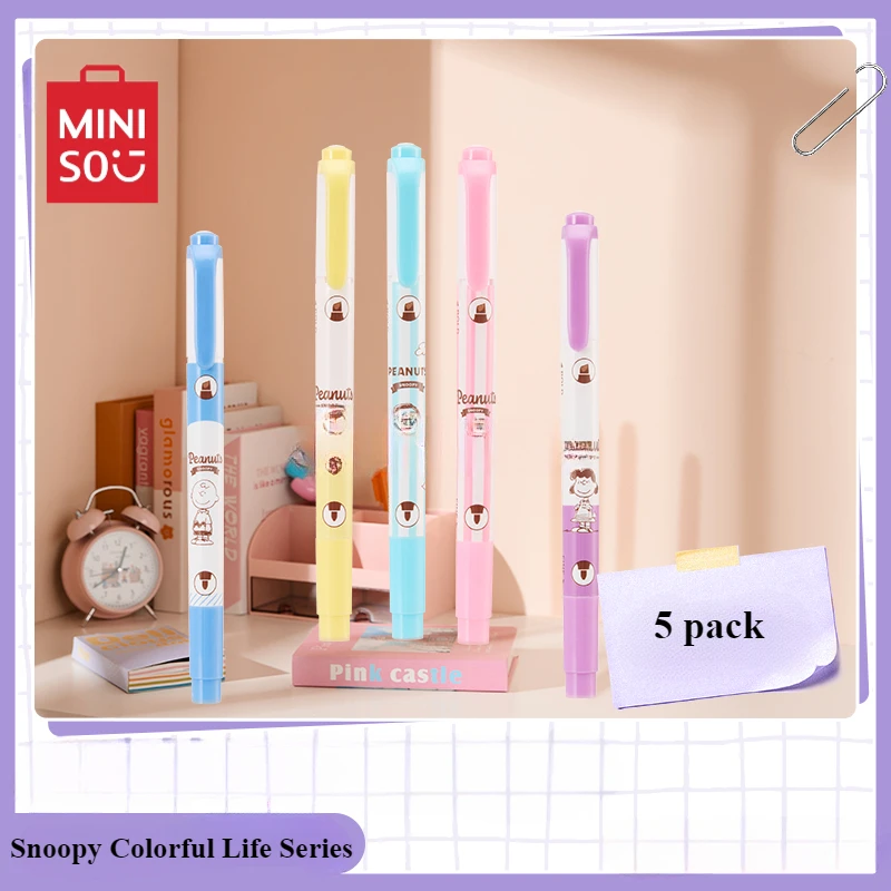 Miniso Snoopy Double-headed Highlighter Set 5-pack Marker Pen Student Stationery Kawaii Cartoon Children's Toys Birthday Gift