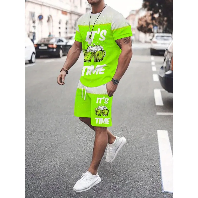 2025 Personalized 3D Printed Round Neck Short sleeved T-shirt and Shorts Set for Summer Men's Daily Leisure Sports Street Travel