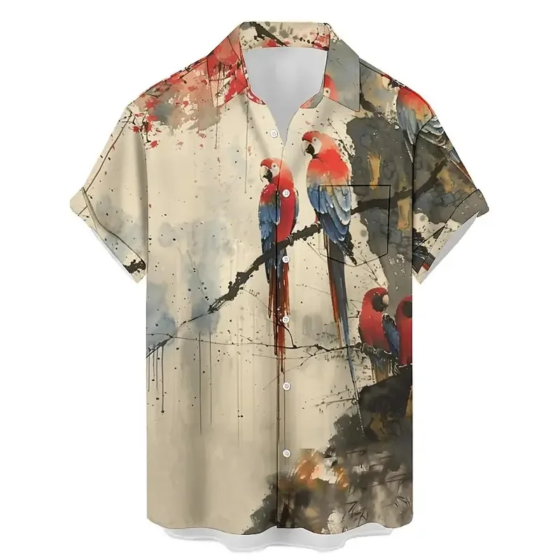 2025 New Men's Shirt 3d Fashion Casual Parrot Bird Print Hawaiian Lapel Button Shirt Short Sleeve Top Homme Harajuku Men's Cloth