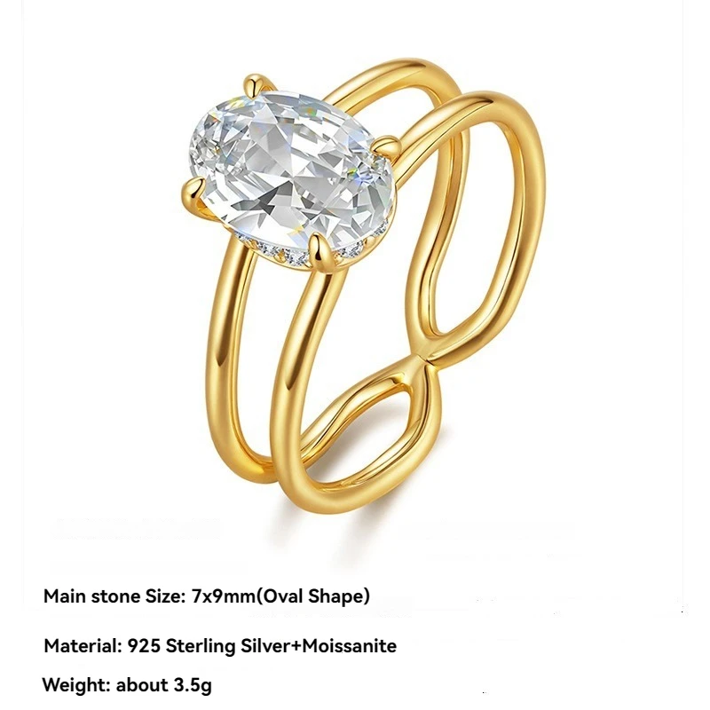 

925 Sterling Silver 7x9mm Oval Moissanite Women's Ring -Gold Plated Wedding Band & Engagement Hollow Out Ring Gift for Wife