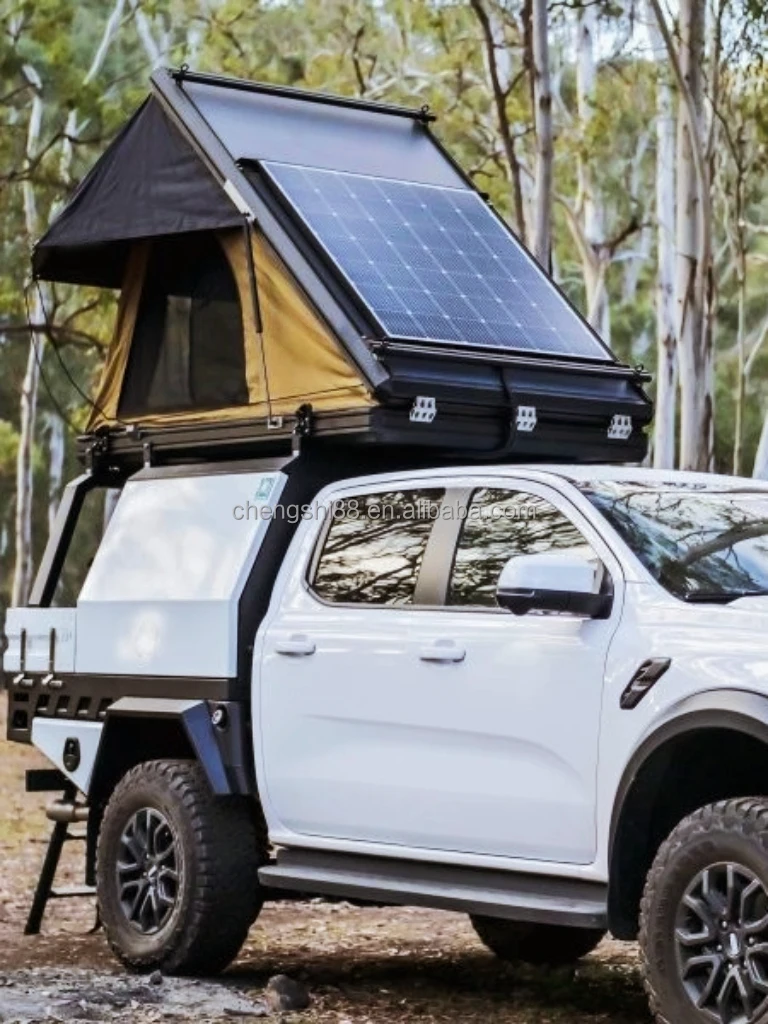 Lightweight Electric Solar Powered Car Roof Top Tent Hard Shell Aluminum Skylight 3-5 Person Rooftop Tents with Ladder Accessory