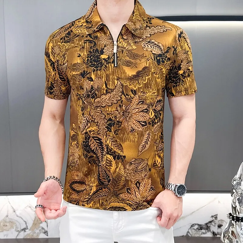 Luxury Retro Print Men's Polo Shirts Summer Short Sleeve Casual T-shirt Zipper Lapel Ice Silk Breathable Business POLO Shirts