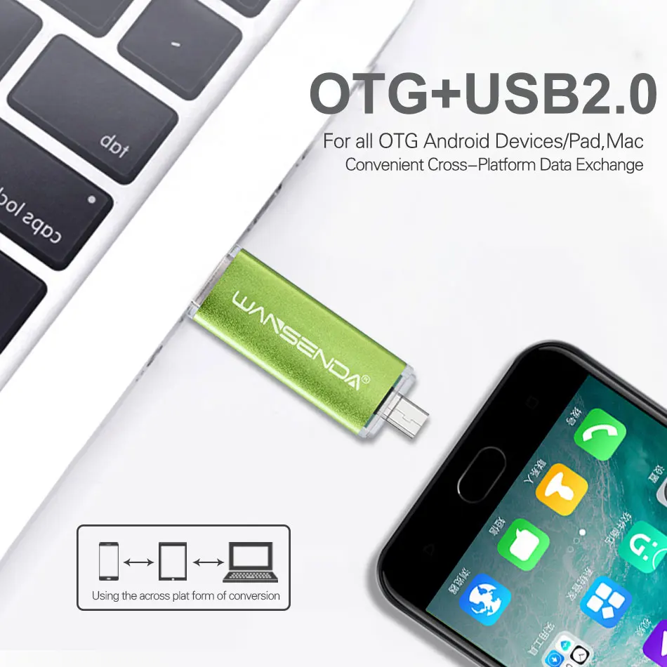 WANSENDA-unidad Flash USB OTG 2 en 1, Pendrive de Metal de 32GB, 8GB, 16GB, 64GB