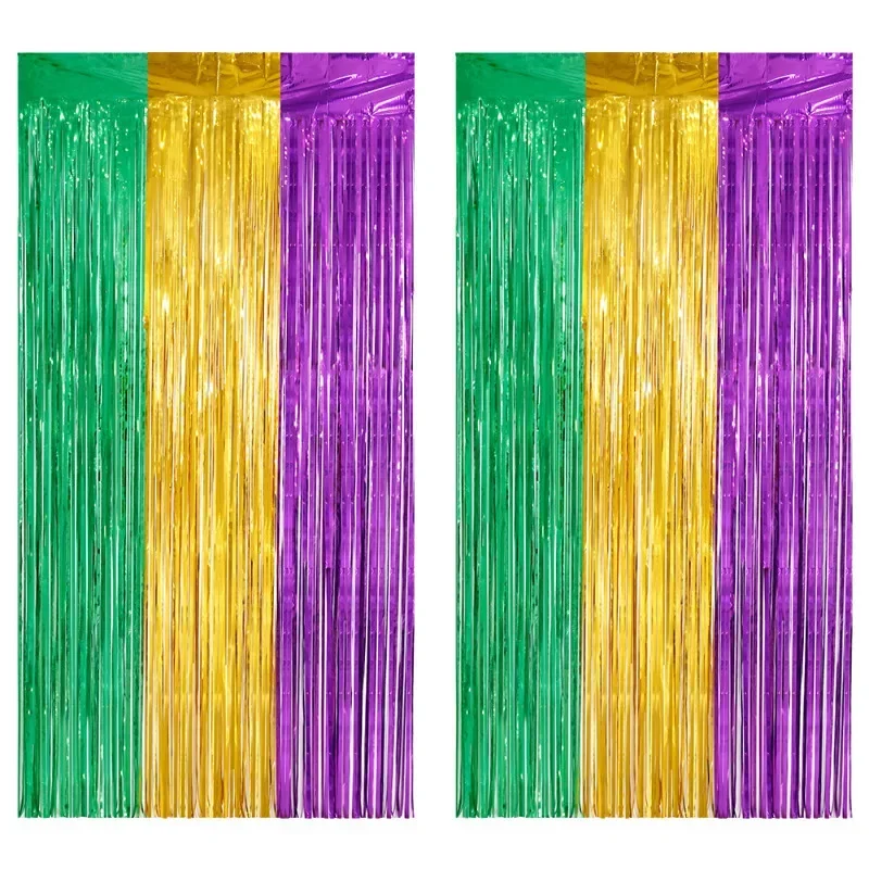 Mardi Gras Carnival Party Backdrops Decoration Green Gold Purple Rain Silk Foil Tinsel Curtain Hanging Holiday Party Wall Supply