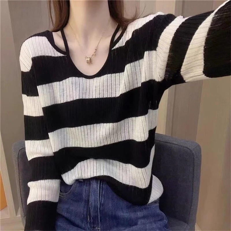 Women\'s Clothing 2023 Korean Style Simple Casual Knitwear Spring Autumn V Neck Hollow Long Sleeve Loose Pullover Knitted Sweater