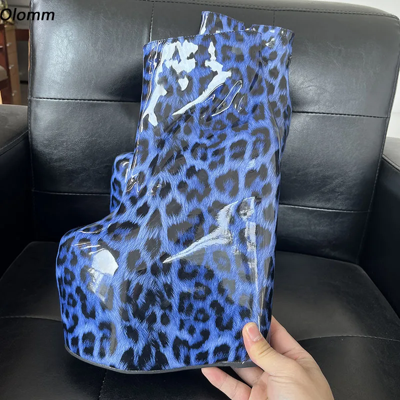 

Olomm Handmade Women Platform Ankle Boots Patent Wedges High Heels Round Toe Pretty Leopard Party Shoes Ladies Plus US Size 5-15