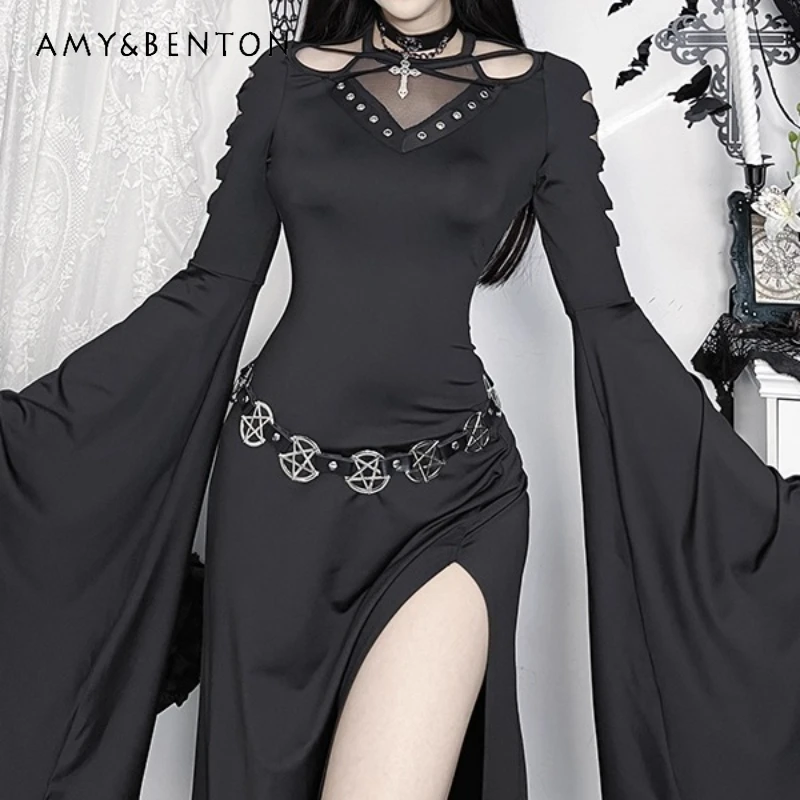 

Halloween Women's Clothing Dark Gothic 2025 Autumn New Hollow Out Design Sweet Cool Sexy Batwing Sleeve Slit Long Dresses Ladies