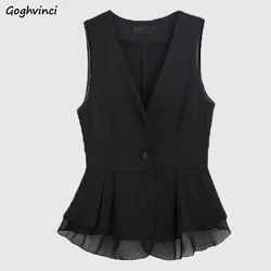 Vests Women Chic Ruffles Korean Style Elegant Office Ladies Slim All-match Cropped Outerwear New Designed Simple Basics Spring
