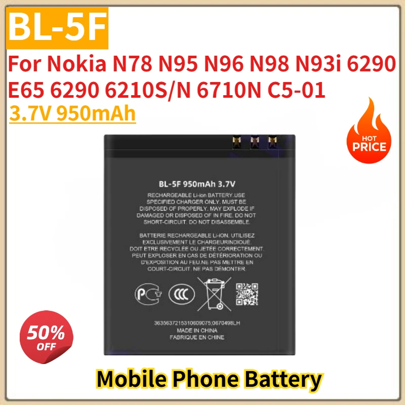 

BL-5F High Quality Phone Battery 3.7V 950mAh For Nokia N98 N96 N95 N93i N78 6290 E65 6290 6210S/N 6710N C5-01 Brand New