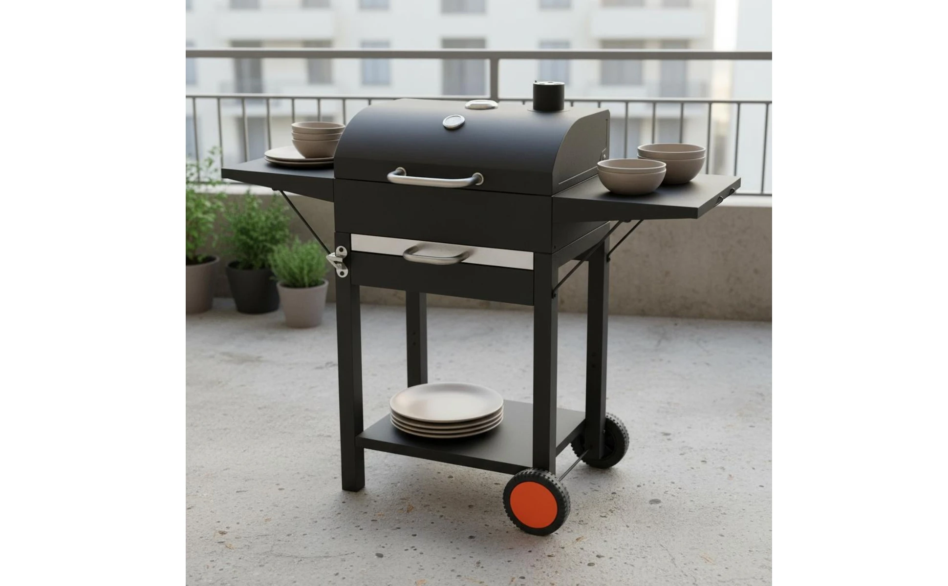 Wheeled Charcoal Barbecue Grill Domed Lid Trolley-Design Charcoal Grill Outdoor Cooking Upper Air Vent Chimney Temperature