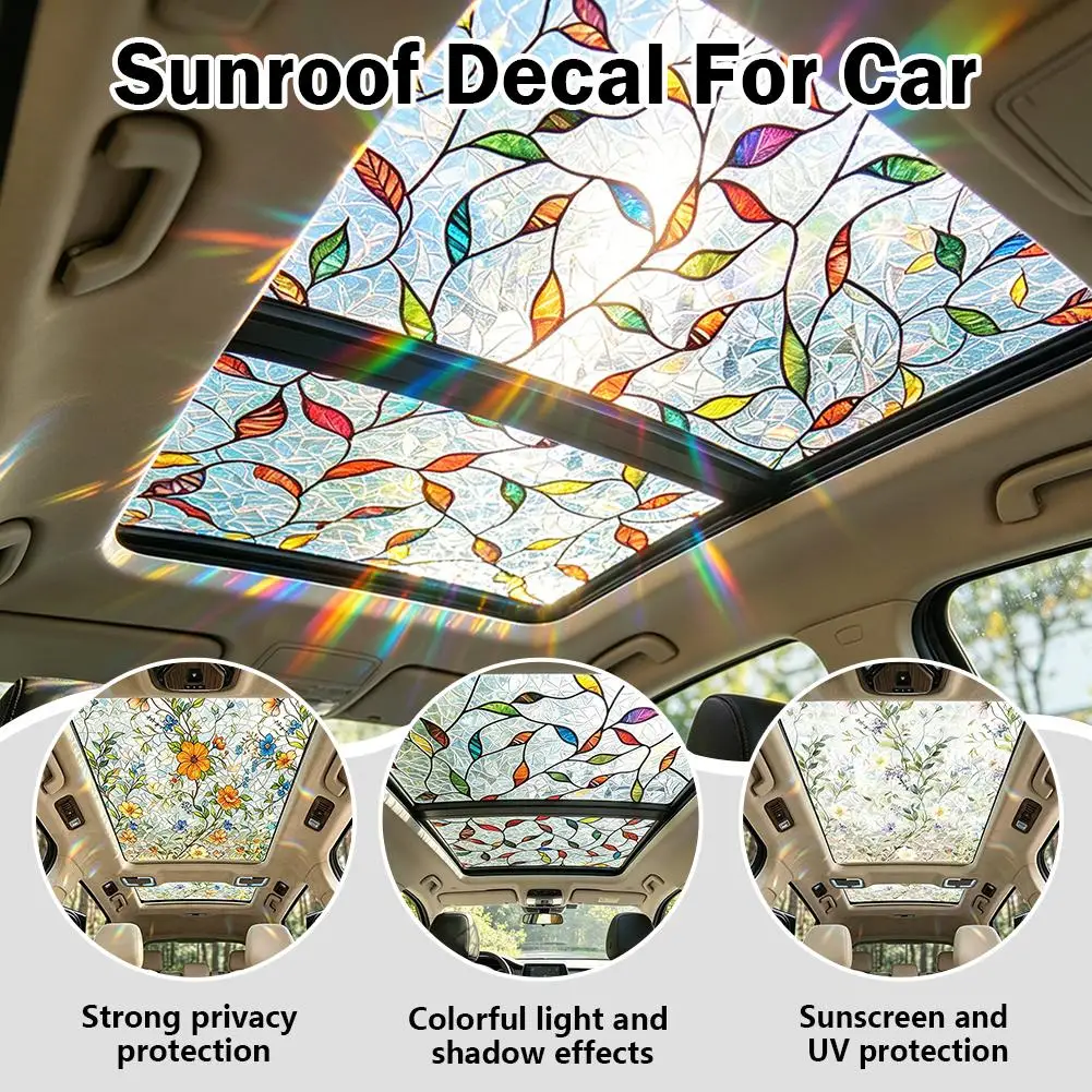 Floral Stained Glass Car Sunroof Static Cling Film Privacy Sun Protection Decal Rainbow Effect Window Sticker Sunroof Tinting view 6