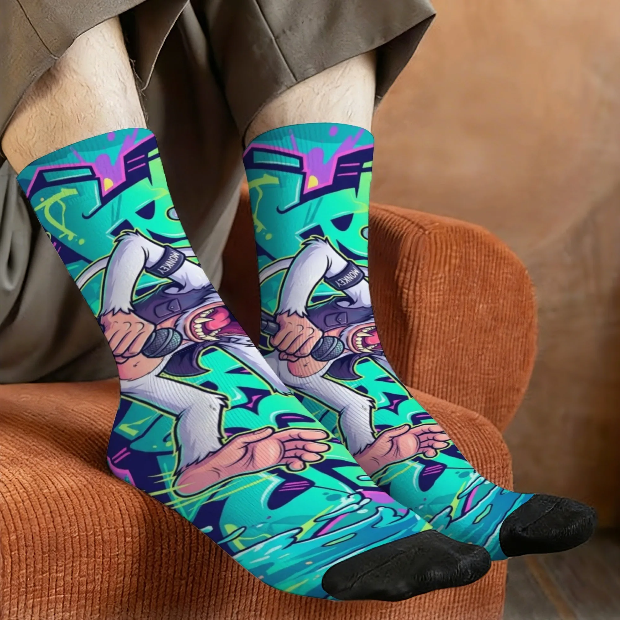 Hip-hop Monkey Quirky and Funny Men's Mid-calf Socks Non-slip Breathable Soft Socks Fun Retro Cartoon Harajuku Style Socks
