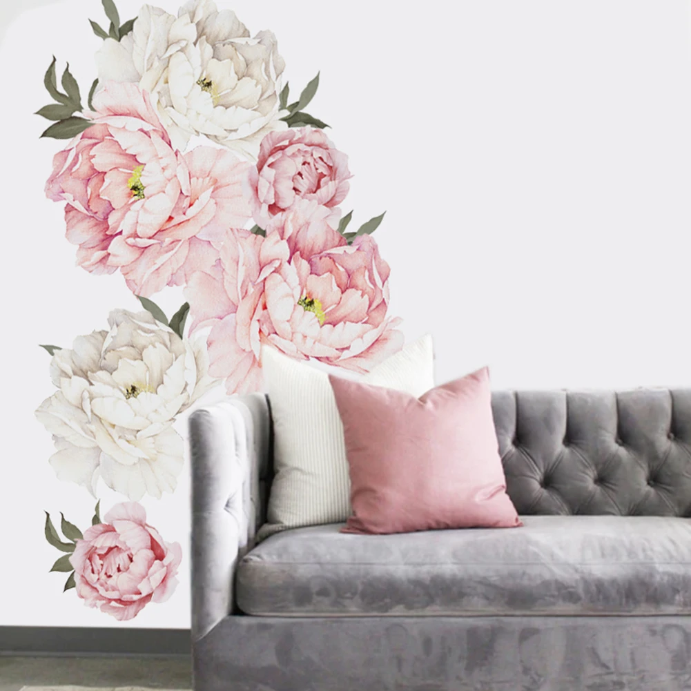 Pink Peony  Flower Blossom Wall Stickers Kids Art Baby Nursery Decor Decal Removable Mural Living Room Art Wall Decorations