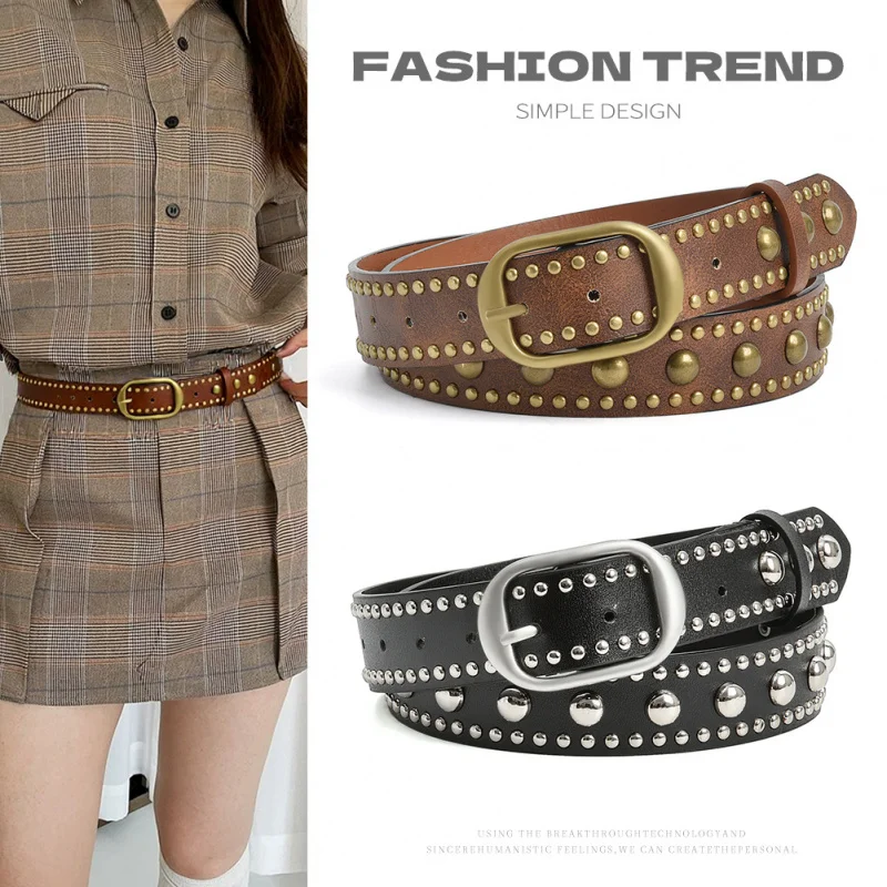 

Западный нерегулярный ремень с заклепками в стиле панк, женский ремень из искусственной кожи, модный ремень с медной пряжкой и джинсовым платьем, комбинезон