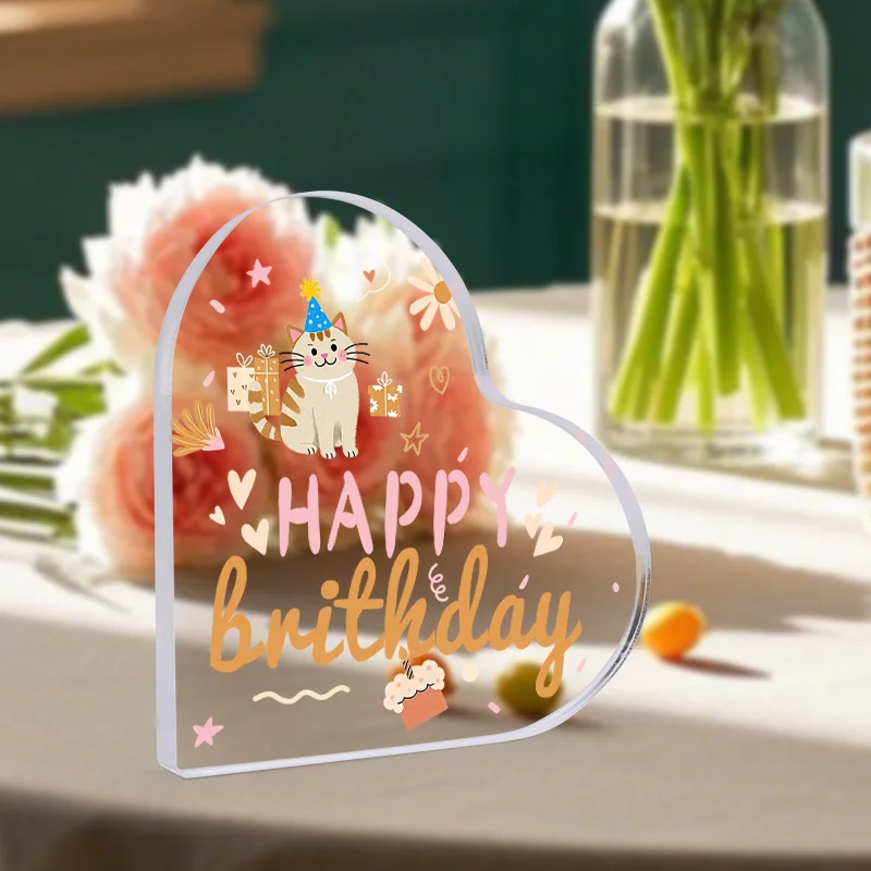 Cute 2D Flat Design Birthday Heart Shaped Sign, Cat Flower Pattern, Acrylic Plastic, Small Desktop Shelf Decor, Home Office Room