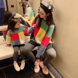 Family Look Sweater Daddy And Son Matching Clothes Parent And Child Mother And Daughter Autumn/Winter Rainbow Knit Tops Clothing