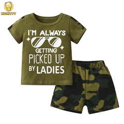 Toddler Baby Boy Casual Clothes Set Thin Cotton Short Sleeve T-shirt with Letters + Camouflage Shorts Summer Outfit for Boys