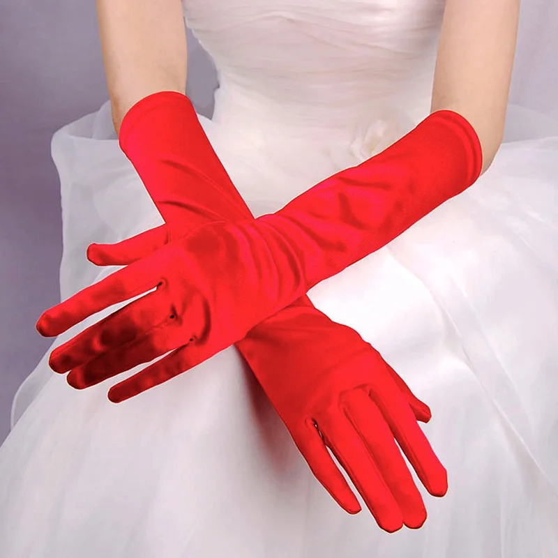 Classic Women Adult Black White Red Grey Opera/Elbow Stretch Satin Finger Long Gloves Women Flapper Gloves Matching Costume