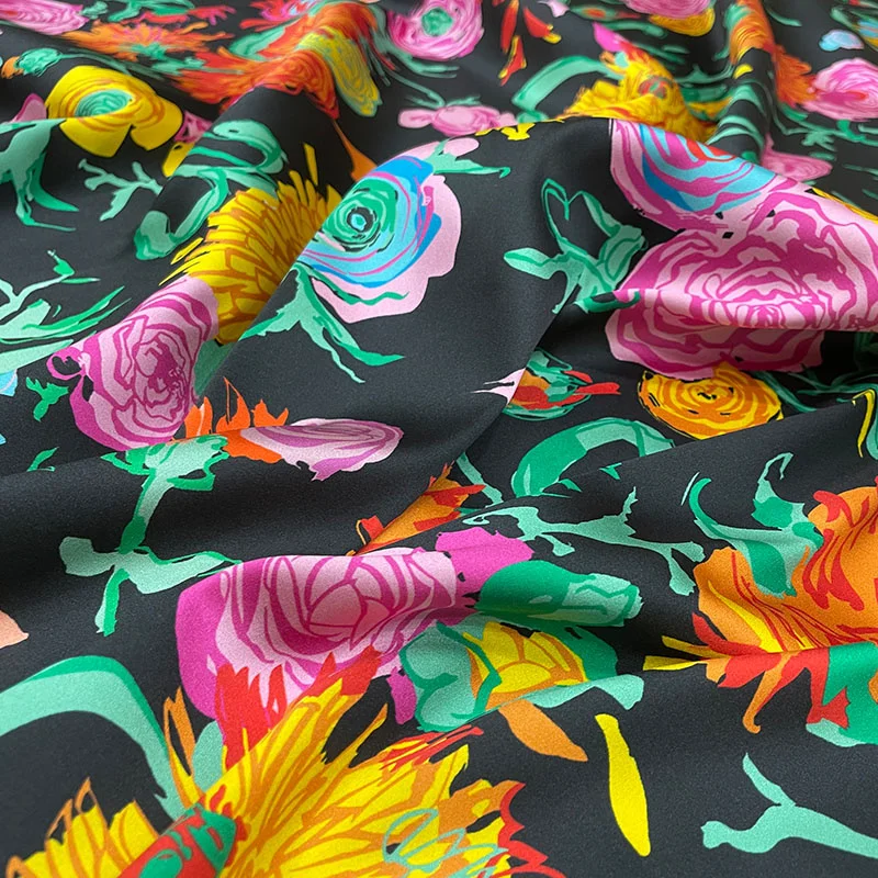 European Fashion Brands Printed Pattern Silk Fabric Classic Black Chrysanthemum Blooming Stretch Satin Dress Skirt Fabric Sewing