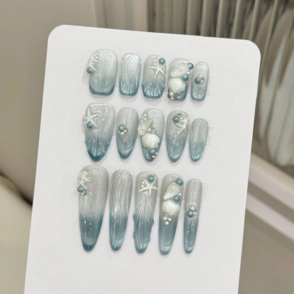 

Mermaid Princess Blue Ocean Shell 3D Summer Beach Handmade Artificial Nails