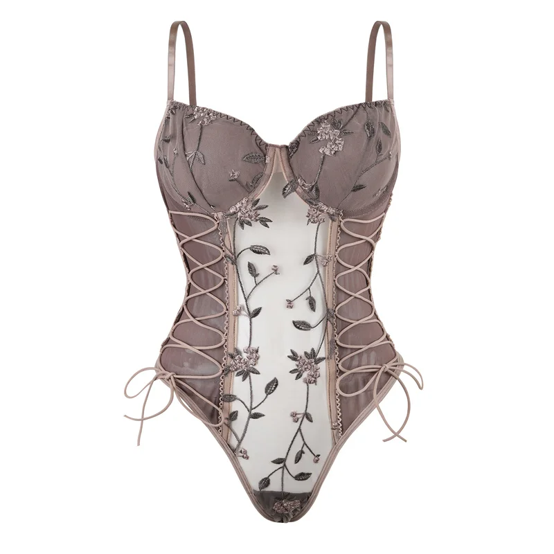 

Floral Embroidery Mesh Bodysuit Women Steel Ring One-Piece Sexy Lingerie Lace Up See Through Summer Sleeveless Lace Bodysuits