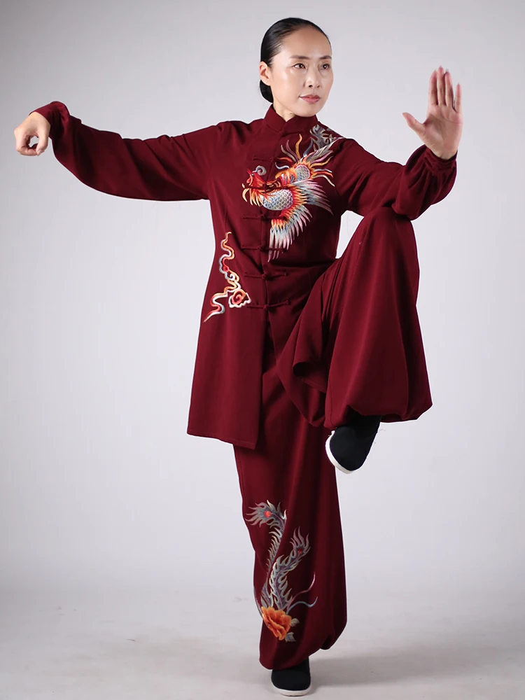 Mala Tai Chi primavera otoño nuevo estilo ropa de rendimiento de longitud media bordado Happy Phoenix peonía para mujer