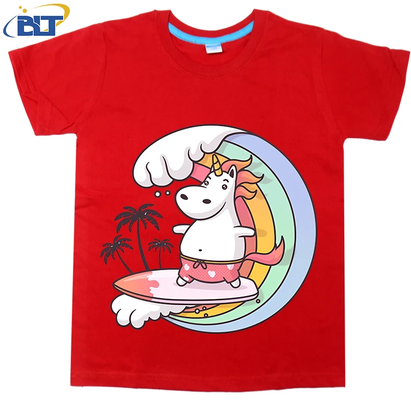 Unicorn Surfing print kids T-shirt summer children's cotton short-sleeved casual tops for boys and girls