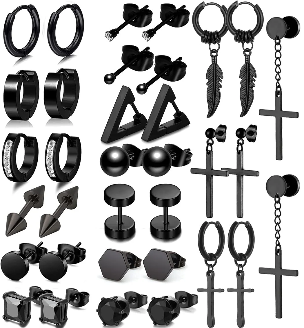 Unisex  Stainless Steel Black Stud Earrings Men's Punk Earring Set Gothic Rock Hiphop Hoop Circle Earring