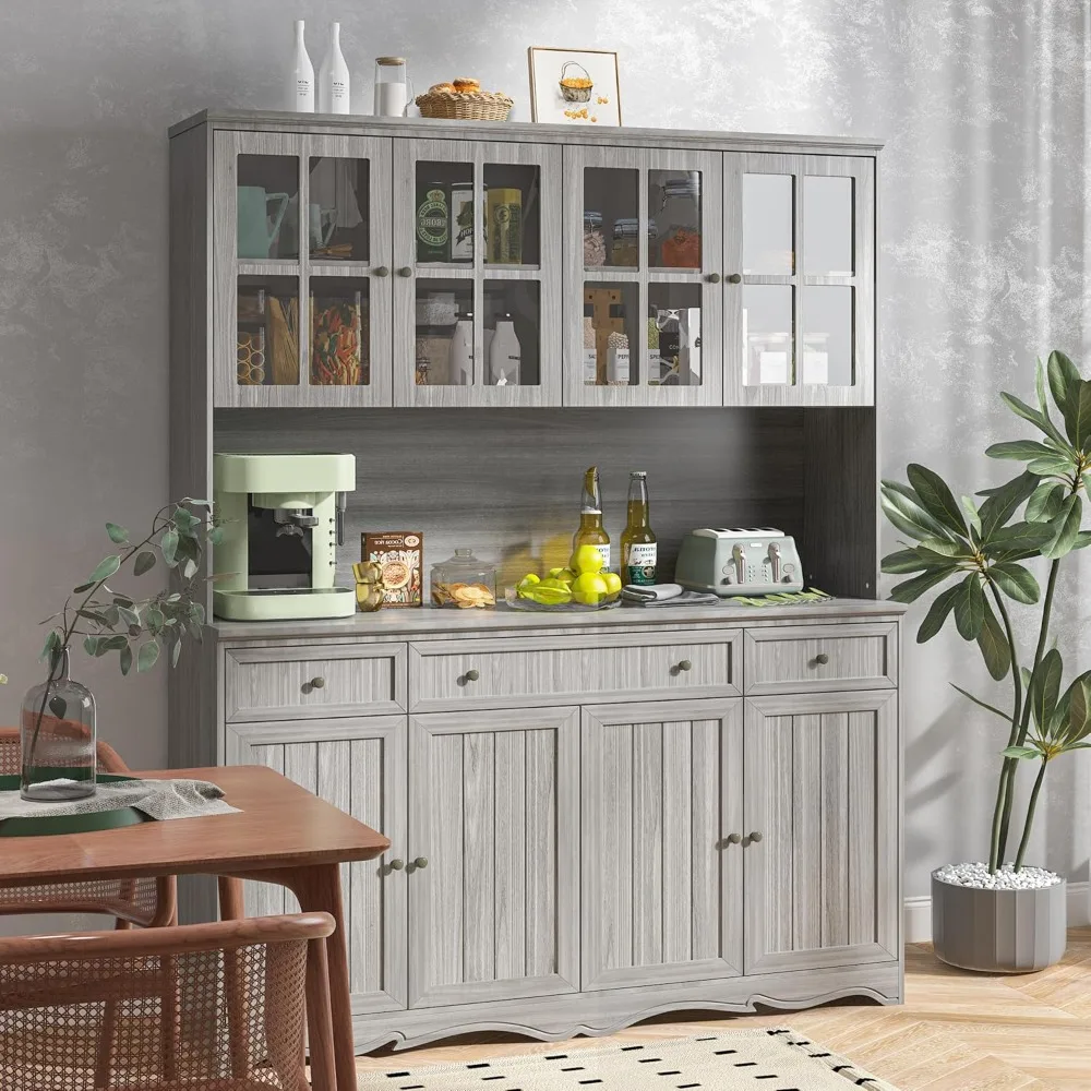 

Large Kitchen Pantry Storage Cabinet with Glass Doors & Hutch, 75.9" Kitchen Buffet Cabinet Cupboard with Drawers