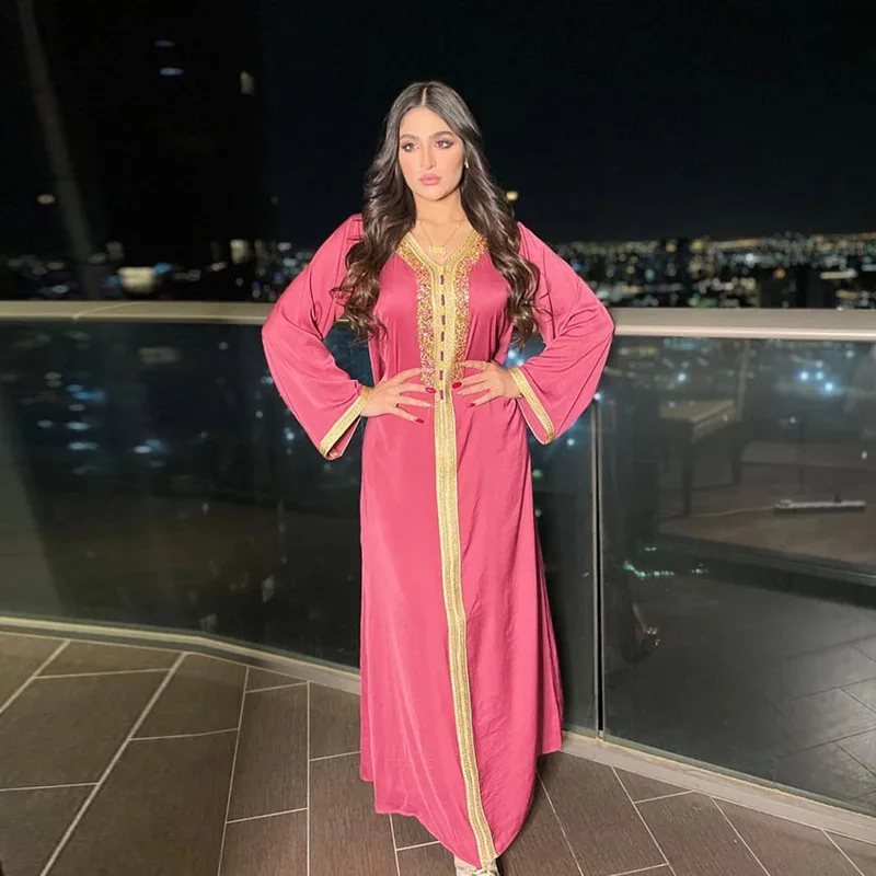 Muslim Hijab Dress for Women Pink Ramadan Eid 2024 Moroccan Kaftan Dubai Jalabiya Arabic Middle East Islamic Clothing Abaya