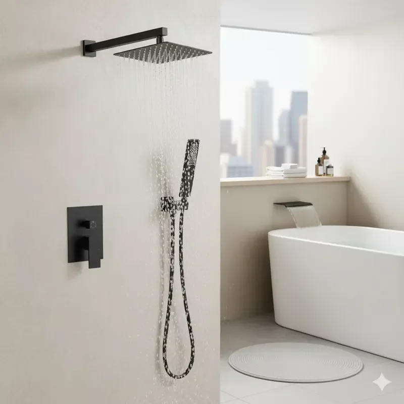 US Local Stock Matte Black 12-Inch Rain Shower Head System Handheld Sprayer Wall-Mounted Thermostatic Faucet Set Ceramic