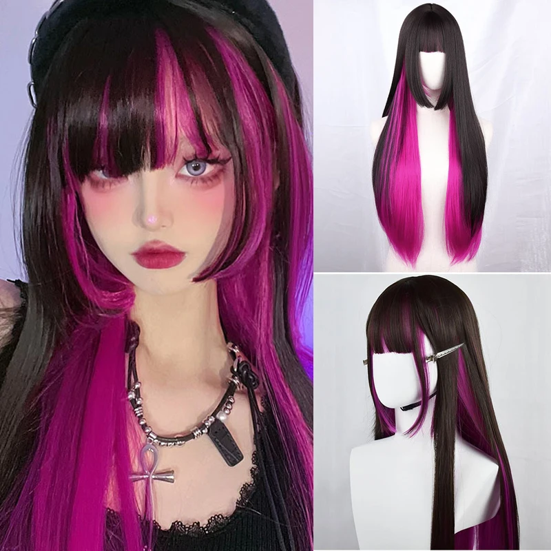 

Synthetic Women Wig Cosplay Wig Long Straight Hightlight Wig with Hair Bangs Hime Cut Hairstyle for Women Daily&Cosplay Use