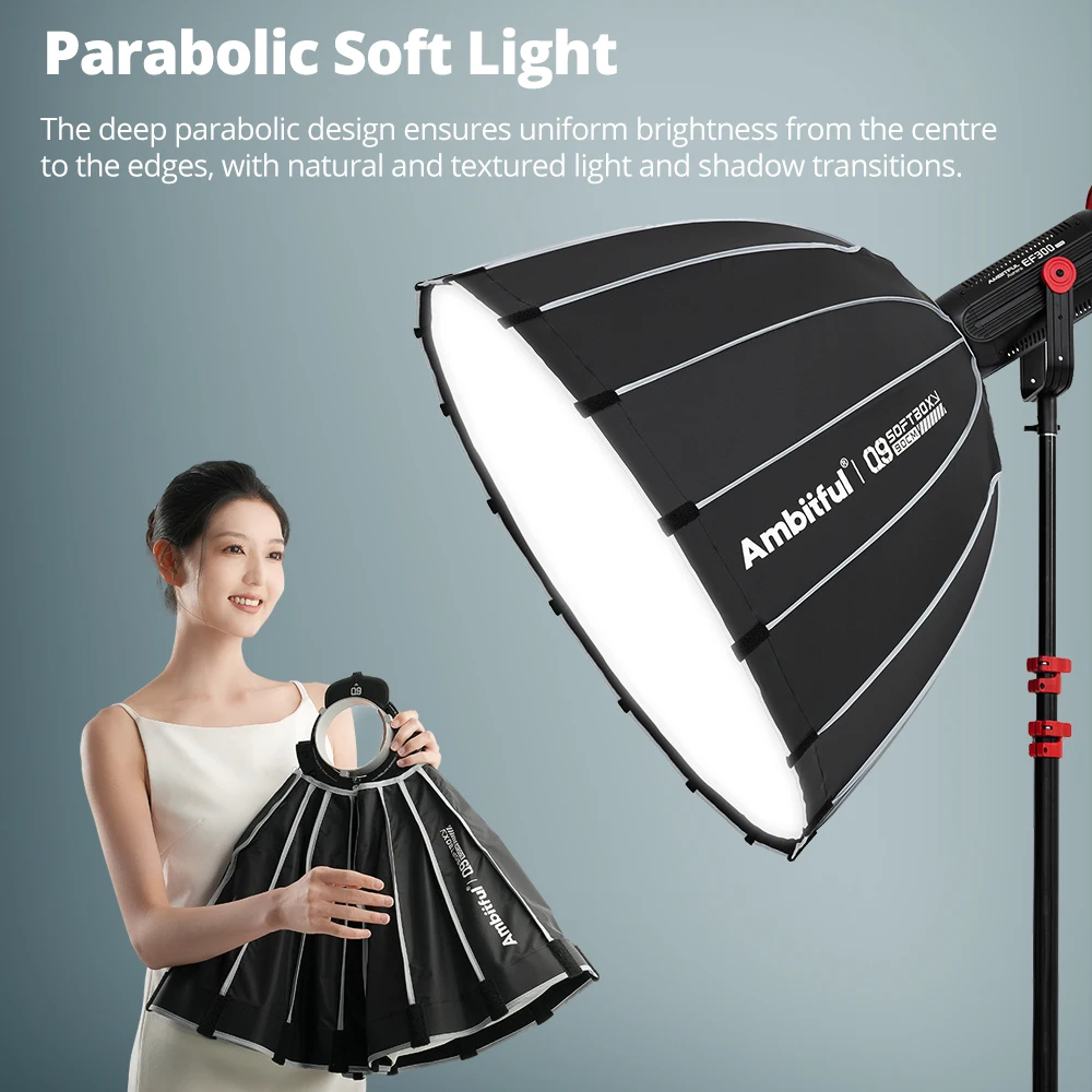 AMBITFUL Q9 Series 60cm 90cm 120cm Bowens Mount Parabolic Softbox Deep Quick Set-up Softbox for Flash LED Light Godox