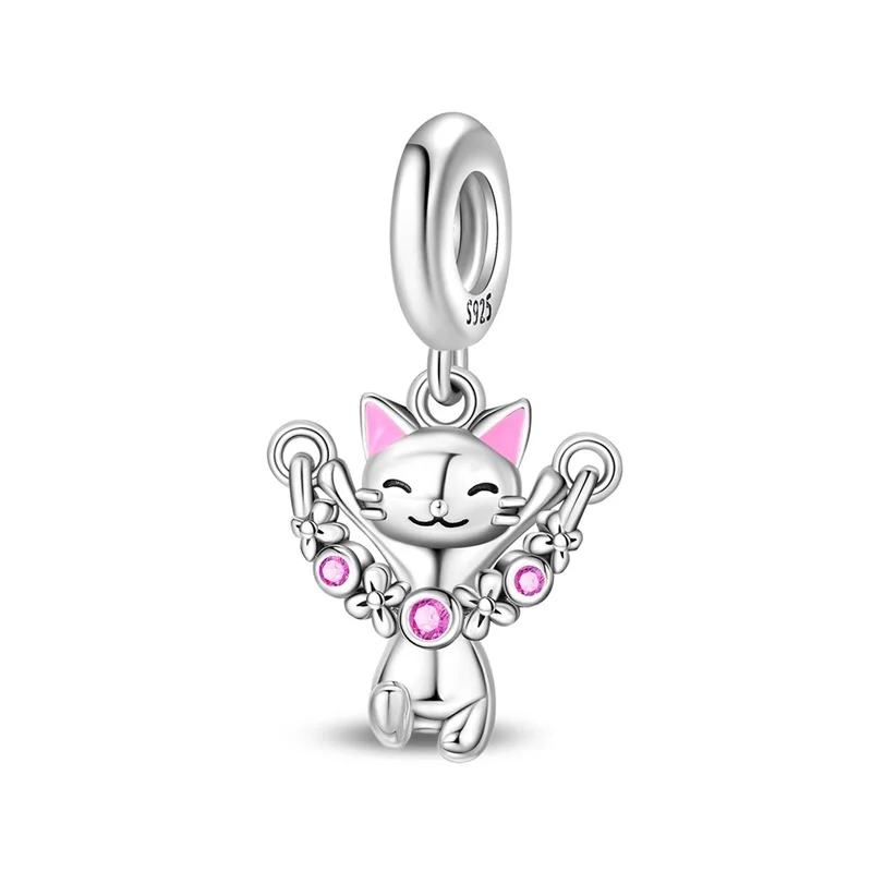 925 Sterling Silver Skipping Rope Kitten Charms Pendant Fit Original Bracelet DIY Women Anniversary Jewelry Gift