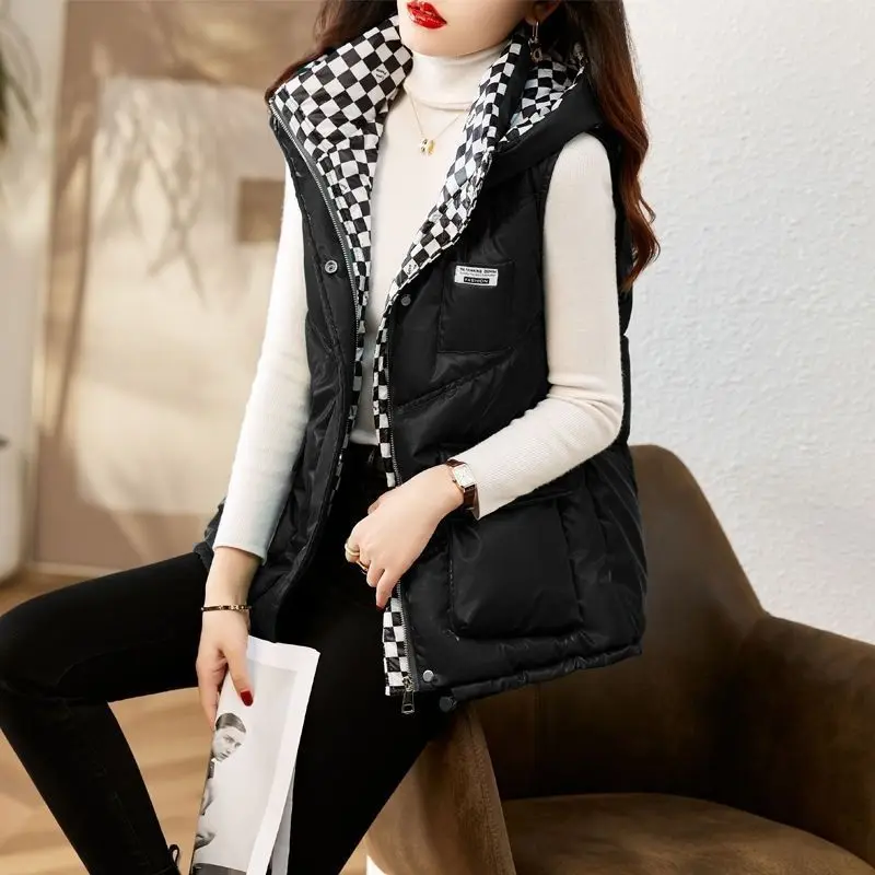 Autumn Winter Vest Women Sleeveless Jacket Cardigan Hooded Glossy Quilted Jacket Korean Chic Tops Waistcoat Loose Mujer